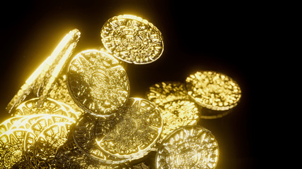 Treasure of Ancient Aztec gold coins stolen by pirates 3d illustration