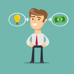 businessman with ideas - stands in front of bulbs elements. cooperate concept.