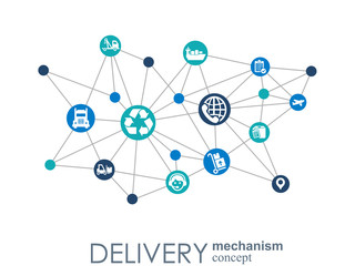 Delivery mechanism concept. Abstract background with connected gears and icons for logistic, service, strategy, shipping, distribution, transport, market, communicate concepts. Vector interactive