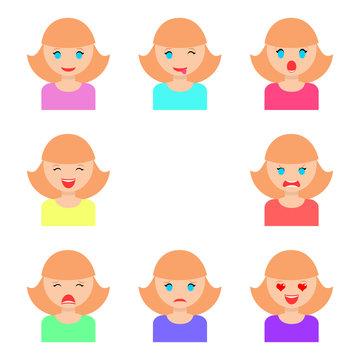 Set of girls faces with different emotions, flat vector illustration