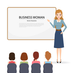 business woman presenting a white board. business people character in job at office work.
