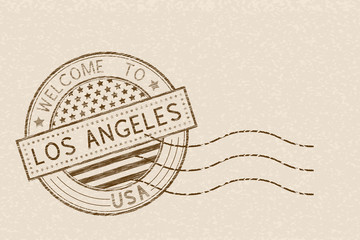 Welcome to Los Angeles, USA. Tourist brown stamp with US national flag on beige background