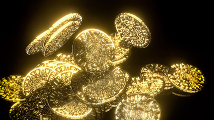 Treasure of Ancient Aztec gold coins stolen by pirates 3d illustration