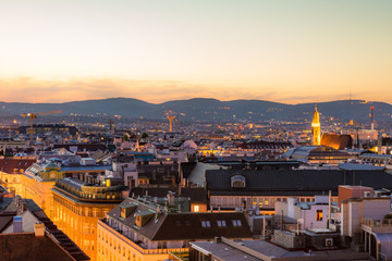 Aerial view over the cityscape of Vienna at night