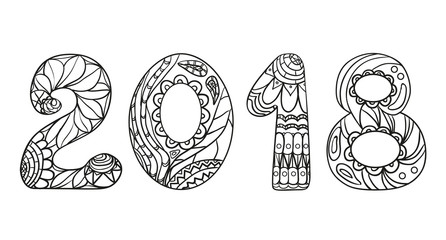 2018 Numbers. Zentangle. Hand drawn numbers with abstract patterns on isolation background. Design for spiritual relaxation for adults. Line art creation. Black and white illustration for coloring.