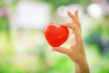 Obraz na płótnie Canvas A girl holding a plastic heart. Love. red. for your design.