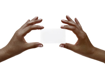 African female hands hold white card on a white background.