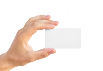 Male hand holding white business card