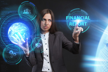 The concept of business, technology, the Internet and the network. A young entrepreneur working on a virtual screen of the future and sees the inscription: Financial report