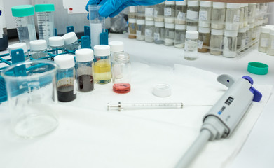 The scientist chemistry laboratory samples and equipment