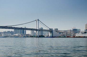 Rainbow Bridge is a bridge on Tokyo Bay between Shibaura Pier and the Odaiba waterfront. Tokyo, Japan.