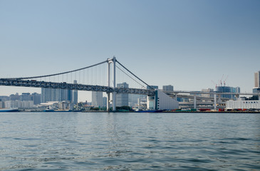 Rainbow Bridge is a bridge on Tokyo Bay between Shibaura Pier and the Odaiba waterfront. Tokyo, Japan.