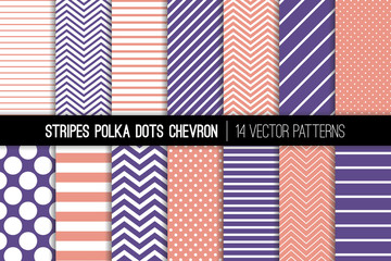 Polka Dot, Chevron and Diagonal and Horizontal Stripes Vector Patterns in Coral Pink and Violet. Modern Minimal Backgrounds. Tiny and Jumbo Spots and Various Thickness Lines. Tile Swatches Included.