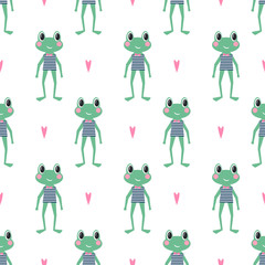 Cute frog seamless pattern on white background. Vector cartoon background for kids. Child drawing style animal illustration. Design for fabric, textile, decor.