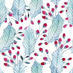 Watercolor seamless pattern with christmas leaves and flowers. Hand drawn christmas elements - 171480808