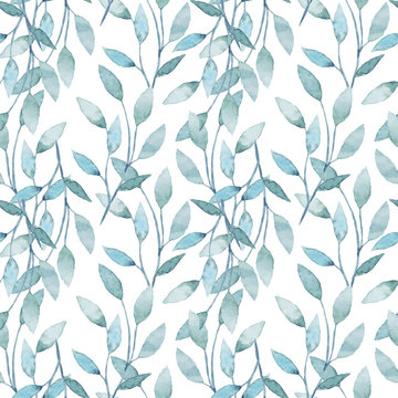 Watercolor seamless pattern with branches and leaves