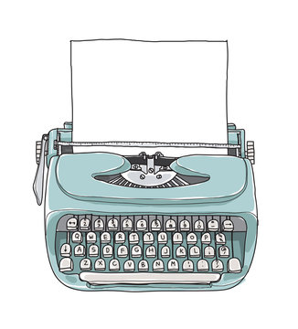 blue Mint vintage  typewriter portable retro with paper hand drawn vector art illustration
