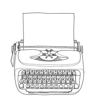 vintage  typewriter portable retro with paper hand drawn vector line art illustration