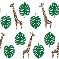 Giraffes and palm leaves seamless pattern on white background. Jungle animals with tropical plants print. Fashion safari design for textile, wallpaper, fabric. - obrazy, fototapety, plakaty