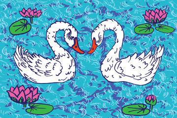 Couple of white swan in the lake with pink lotuses, hand drawn doodle, sketch in naïve, pop art style, color vector illustration, card design