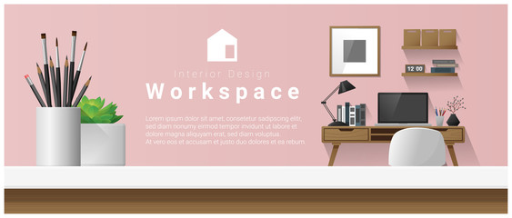 Interior design with table top and Modern office workplace background , vector , illustration