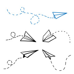 Vector paper airplane. Travel, route symbol. Set of vector illustration of hand drawn paper plane. Isolated. Outline. Hand drawn doodle airplane. Black linear paper plane icon