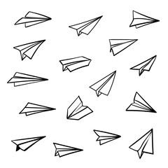 Vector paper airplane. Travel, route symbol. Set of vector illustration of hand drawn paper plane. Isolated. Outline. Hand drawn doodle airplane. Black linear paper plane icon