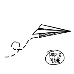 Fototapeta premium Vector paper airplane. Travel, route symbol. Vector illustration of hand drawn paper plane. Isolated. Outline. Hand drawn doodle airplane. Black linear paper plane icon