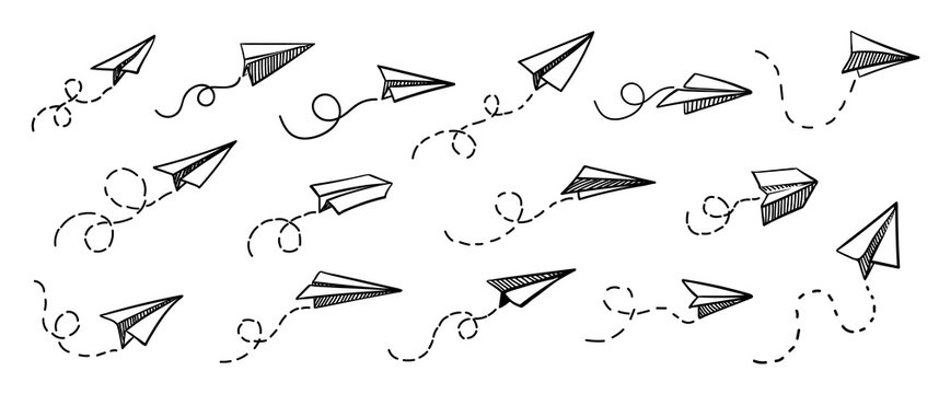 Fototapeta Papierowy samolot wektor Podróż, symbol trasy. Zestaw ilustracji wektorowych ręcznie rysowane papierowy samolot. Odosobniony. Zarys. Ręcznie rysowane doodle samolotem. Ikona czarny liniowy papierowy samolot