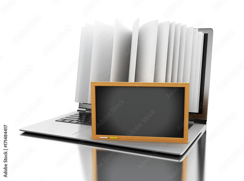 Aufkleber 3d laptop computer with book pages and empty blackboard
