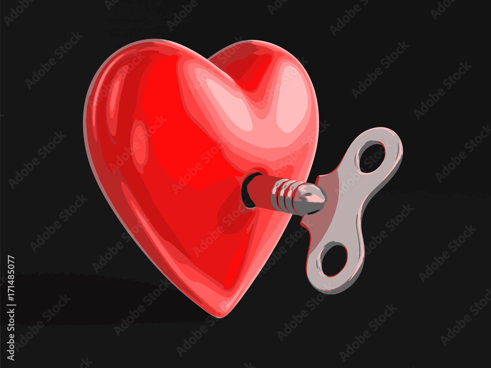 Poster heart and winding key. image with clipping path