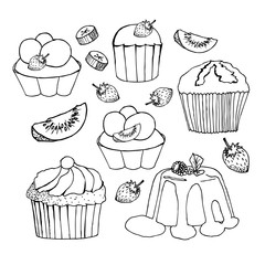 Cakes, cupcakes and pastry desserts. Vector muffin, creamy pie or tarts with strawberry and kiwi on cream topping, waffle biscuit and cookies for bakery shop, cafe or patisserie