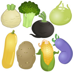 Various whole vegetables in cartoon style

