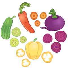 Vegetables whole and sliced into pieces / There are cucumber, carrot, paprika and beetroot