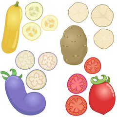 Vegetables whole and sliced into pieces / There are zucchini, potato, eggplant and tomato