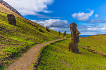 Ranu Raraku, Easter Island - July 10, 2017: Moai statues of Ranu Raraku, Easter Island