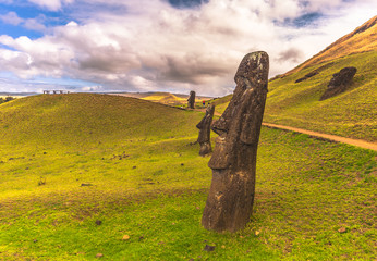 Ranu Raraku, Easter Island - July 10, 2017: Moai statues of Ranu Raraku, Easter Island