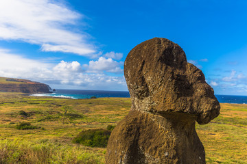 Ranu Raraku, Easter Island - July 10, 2017: Moai statues of Ranu Raraku, Easter Island