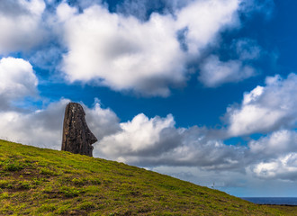 Ranu Raraku, Easter Island - July 10, 2017: Moai statues of Ranu Raraku, Easter Island