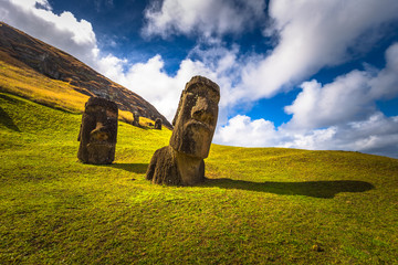 Ranu Raraku, Easter Island - July 10, 2017: Moai statues of Ranu Raraku, Easter Island