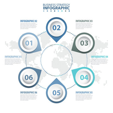6 steps Business Infographics, strategy, timeline, design template blue grey color tone