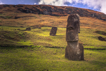 Ranu Raraku, Easter Island - July 10, 2017: Moai statues of Ranu Raraku, Easter Island