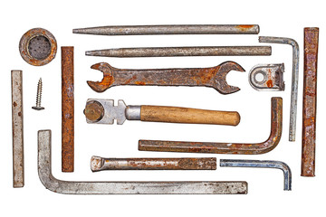 Rust. Nuts. Building materials. Metal. Pliers. Hinges. A circle. For your design.