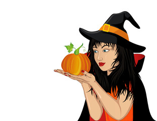 Halloween.Happy woman in hat and witch costume showing a gesture with two hands at empty copy space