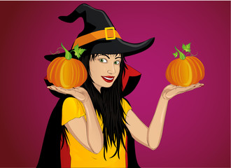 Halloween. A happy woman in a hat and a witch costume holds a pumpkins in her hands. 