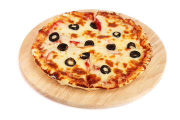 pizza with black olives on a wooden board isolated on white background