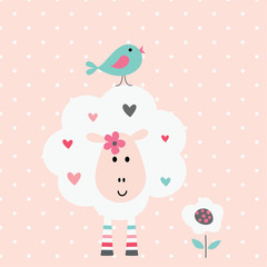 Cute vector illustration with funyy sheep and bird