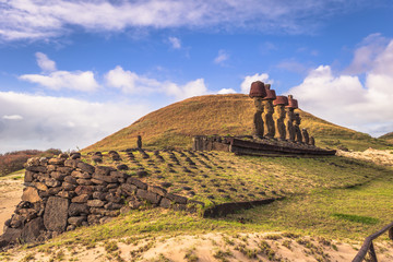 Anakena beach, Easter Island - July 10, 2017: Moai altar of Anakena beach, Easter Island