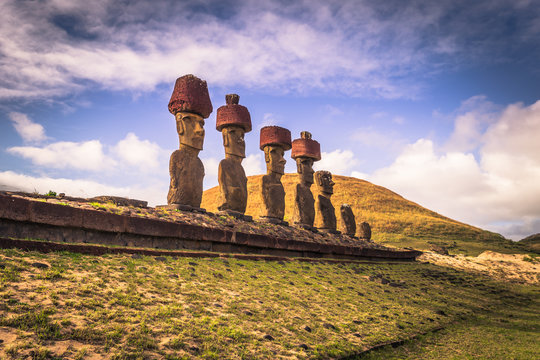 Anakena beach, Easter Island - July 10, 2017: Moai altar of Anakena beach, Easter Island