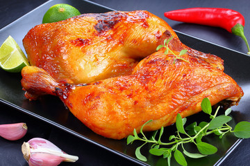 roasted chicken legs on black plate